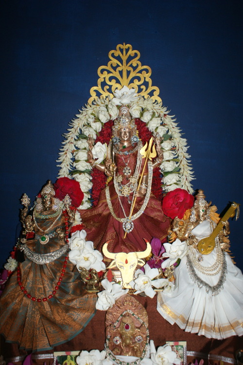 Durga Puja alamkaram, Vishnu as Vishnu-Durgai with Lakshmi and Saraswati at my household shrine.