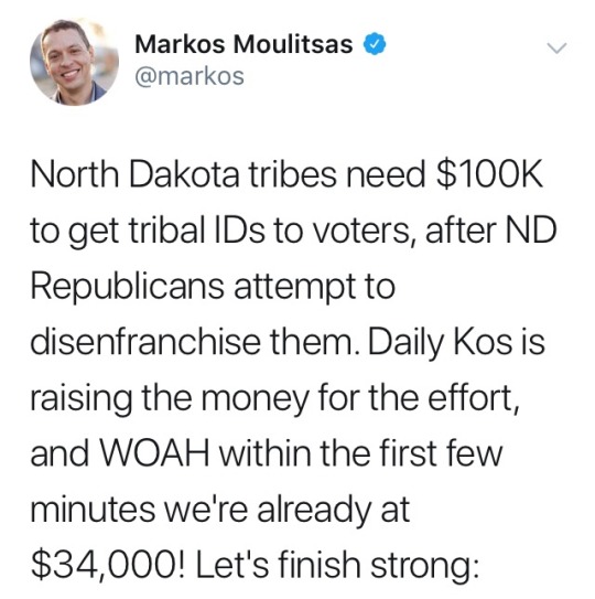 snarksandkisses:  marvelsmostwanted:  marvelsmostwanted:   Please help if you can! Republicans are actively suppressing the Native American vote. Their voices should be heard in North Dakota. Help out: https://secure.actblue.com/donate/dkndnativevote