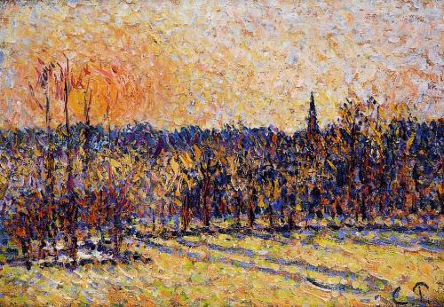 Sunset, Bazincourt Steeple, 1890, Camille PissarroMedium: oil,panel