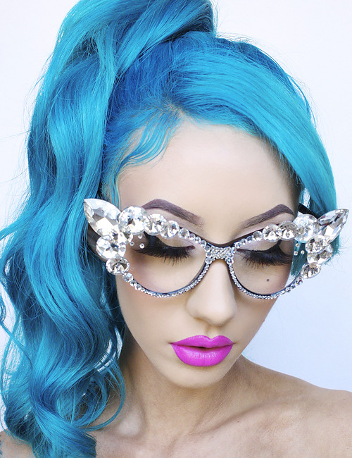 limecrime:  Our girl Natasha Lillipore in Countessa Flourescent for her line of sunnies Her Tiny Teeth! xoxo