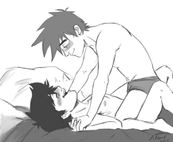 lousy-coffee: Only Ash would burst out laughing at his own joke while his bf is straddling him…