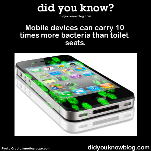 unbossed:  did-you-kno:  Mobile devices can carry 10 times more bacteria than toilet seats. Source  And in just a few years I’m sure they’ll be capable of carrying hundreds of times more.  Would be lousy if Moore’s Law applies to bacteria too.