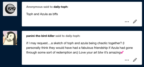 seismicsight:daily-toph: I see you Azula and Toph people! A comment that must be reblogged:I want th