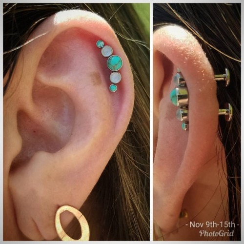 Outer #helix piercings with a titanium set #turquoise & #moonstone cluster #helixpiercing #outer