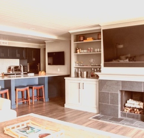 Milwaukee Family Room OpenExample Of A Small Beach Style Open Concept Dark Wood Floor, Brown Floor And