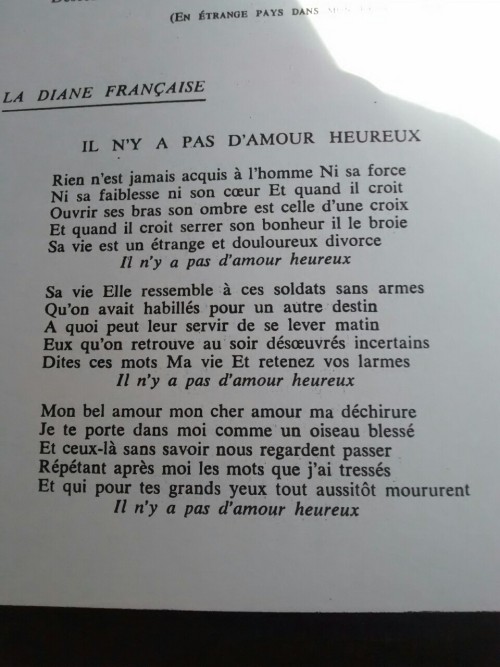 uncarnetvirtuel:Louis Aragon, “Il n'y a pas d'amour heureux”, in La Diane française.