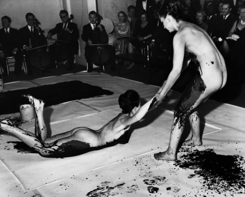 nobrashfestivity:Yves Klein, Anthropomorphic “living brush” paintings, 1960′s