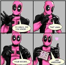 bostons-deadpool:  Breast Cancer Awareness Deadpool!  Savin’ the Ta-Ta’s all month long!!!!Wanna save some Ta-Ta’s with DEADPOOL?!  Go here: http://www.firstgiving.com/fundraiser/PinkDeadpool/donatenow