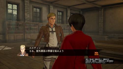 Some more screenshots from my gameplay of the KOEI TECMO Shingeki no Kyojin Playstation 4 game! From top to bottom:Levi luring Sawney into a trap (You actually get to capture them in the game as a mission!)Erwin is alarmed at Levi’s new outfit choiceErwin