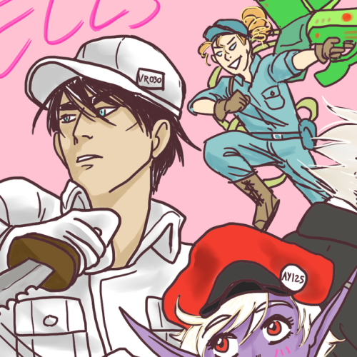 Little drawing for my main party! our pgs as characters from cells at work!