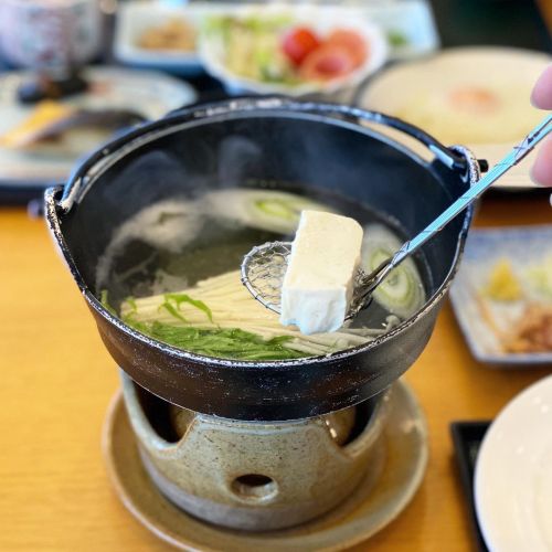 Tofu and vegetable hot pot breakfast • Takamiya Rurikura Resort たかみや瑠璃倶楽リゾート, Mount Zao, Yamag