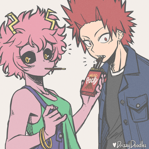 drizzydoodles:  some kirimina in which mina kindly offers ONE pocky and kirishima grabs like three because he’s a hungry boy.