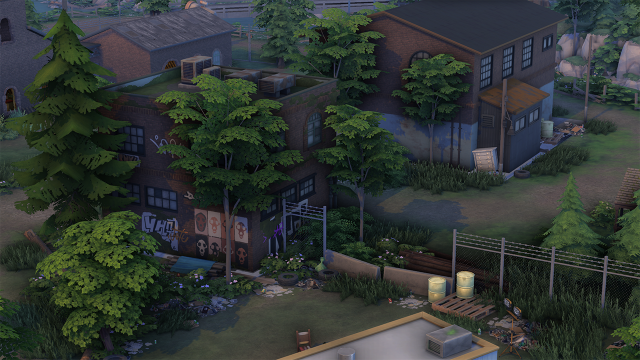 Screenshot of Moonwood Mill, a neighborhood in The Sims 4. There's a whole bunch of trash in that place.