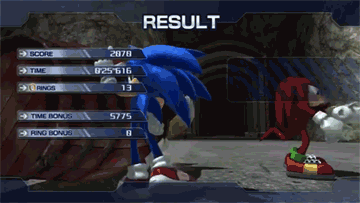 shutupfaker:  shutupfaker:  my favourite Sonic gif of all time is the one where the barrel is rolling into Sonic during the Sonic 06 results screen  I found it  