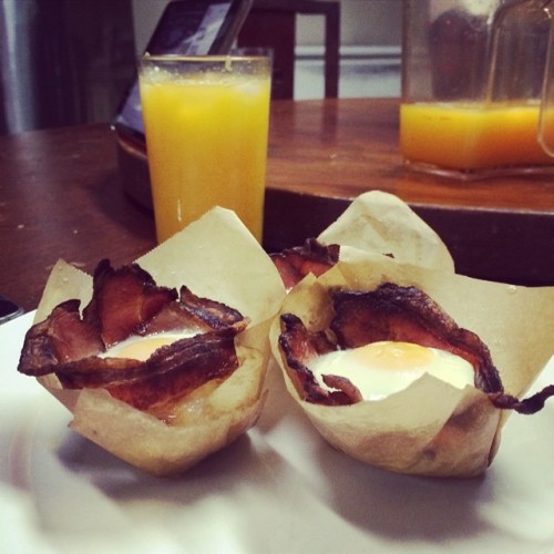 Paleo #bacon and #egg cups and freshly squeezed #orangejuice for #breakfast #fatkidgoespaleo #paleo 