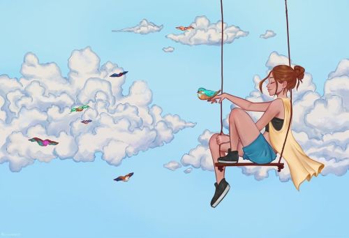 Experiments with art style. Like I’m going to maintain one ‍♀️ #art #girl #clouds #dream #swing #ide