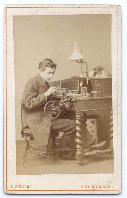 ca. 1860-70s, [occupational carte de visite of a young clock maker at his desk], L. Stutingvia Capit