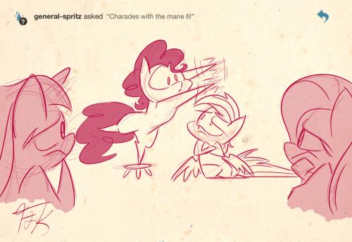 fluttershythekind:  Charades! Twilight, Fluttershy and Rainbow are stumped at Pinkie’s clue, but can you figure it out? Category: Music! ^_^ Thanks for the lovely request General-Spritz   Heehee~! Oh, Pinkie~ <3