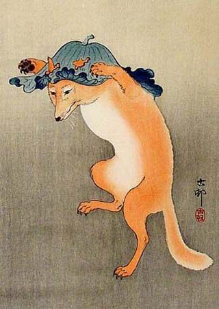 Ohara Koson, The Fox Dance, 1910, woodblock print. The Fox or Kitsune, is in the cannon of Japanese 