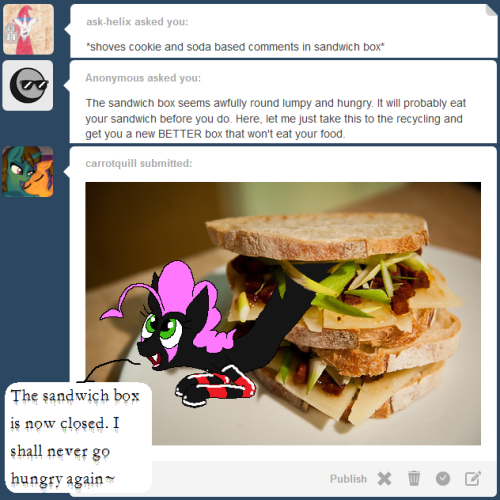 darkfiretaimatsu:  Technically you got the sandwich and submit boxes mixed up, though~ I hope everypony was in the mood for sandwiches, because here is a post about sandwiches and I’m invoking that thing where looking at food puts you in the mood for