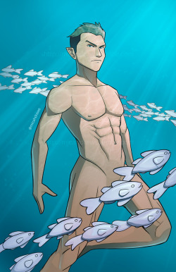 micahdraws:  IMPERIUS REX! Namor, King of Atlantis, in all his Sub-Mariner glory. I feel like I have to draw him nude for pinups when he usually runs around in a speedo anyway. Fortunately or unfortunately, Censorship Fish is doing its job to hide his