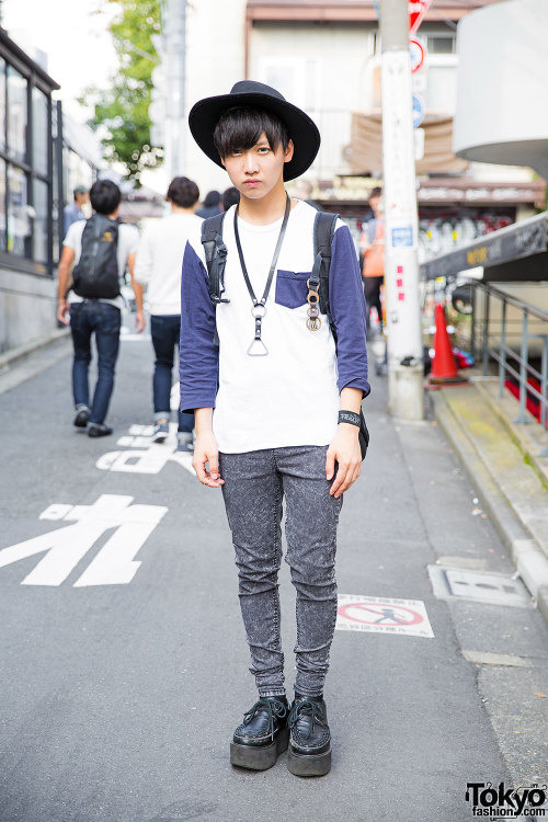 tokyo-fashion:  18-year-old So-kun on the street in Harajuku wearing a Spinns top with acid wash jeans, Yosuke platform creepers, and Never Mind The XU accessories.