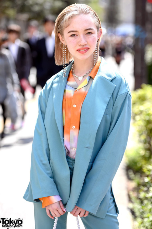 18-year-old Japanese fashion student Ashley wearing an X-Girl blue suit, Susan Alexandra beaded cher