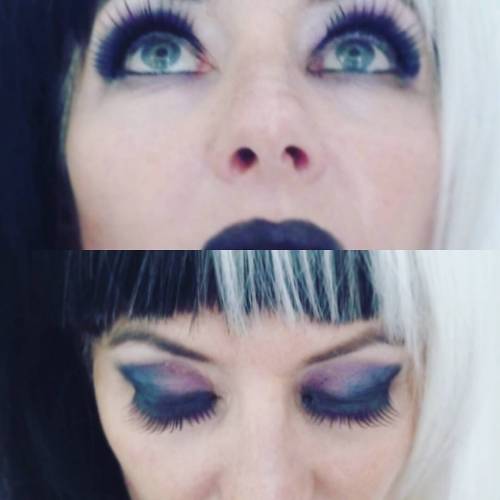 Andrea being cheeky and a closeup of her lovely blue-purple makeup