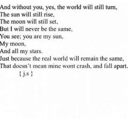 itscherrrrrrry:  but your world is completely the same, with or without me.. So I’ll sit here in the vast of my tears,  wishing we were the same again. Just wishing for the impossible.