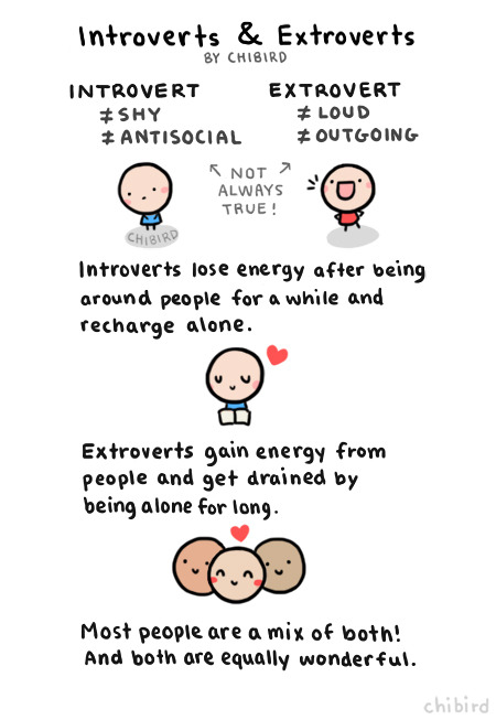 chibird:  An informative drawing about introverts and extroverts. ^^ Many people lean towards either introverted or extroverted but have qualities from both. 