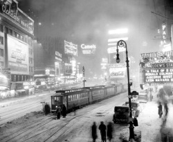  Broadway streetcar stuck in snow Times Square, New York City 1936 