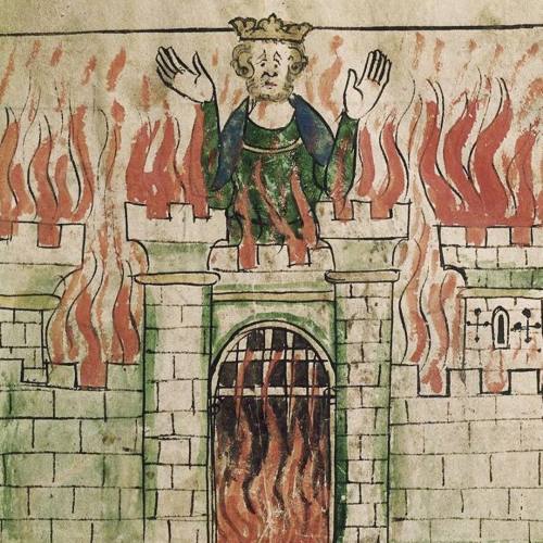 King Vortigern burning in his castle, from MS Royal 20 A II (1307 –1327).Vortigern was a 5th-century