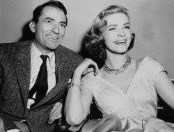 kaythompson:  Co-stars and good friends, Lauren Bacall and Gregory Peck relax on the set of Designing Woman, 1956. 