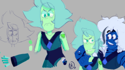 the-undeniably-lazy: Hello everybody! I’ve been having lots of inspiration lately, so here you go, this is Toothy (BD’s Zoo Peridot, the one that analyses Steven), Barbacue ( a Blueberry Quartz) and an Era 2 Lapis Lazuli, Jolly (the messenger who