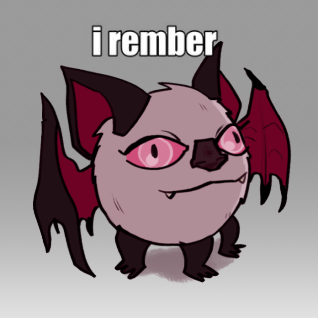 A colored digital drawing of Barbie in his demon form, this time standing normally with a smile on his face. Text above reads, "I rember".