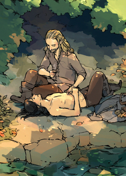 lanimalu:  Stop tickling me!Kili is trying to relax after hunting in the woods and Fili is getting on his nerves.