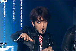 baehkkyun:  black haired baek in pink suit x black leather jacket  