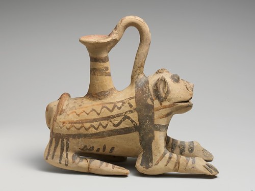 ancientpeoples:Terracotta askos (vessel) in the shape of a lion 14.1cm high and 15.7cm long (5&