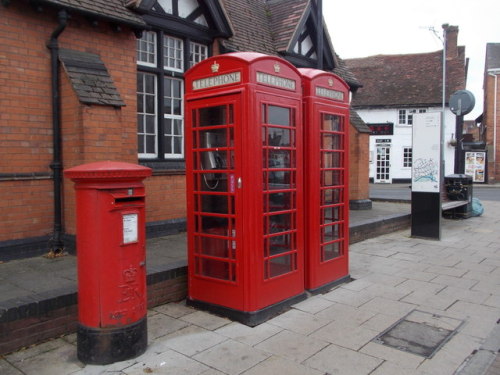 Post box and telephone boxes, Henley Street, Stratford-upon-Avon