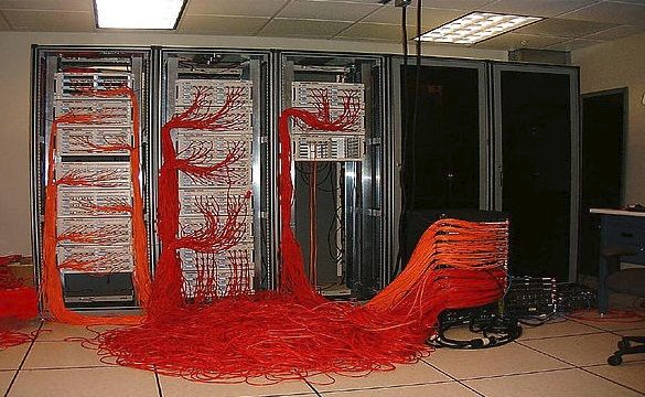 a server room filled with red and orange cables, their extensions mimicking the shape of capillaries.