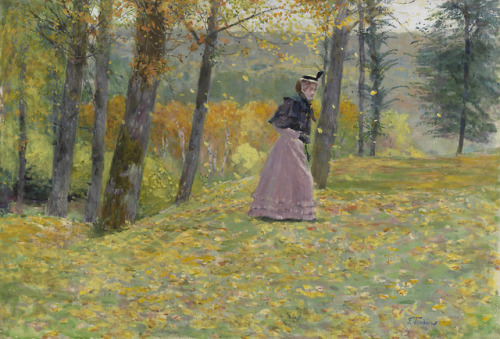 In Falling Leaves, 1893, Franz Skarbina. Germany (1849 - 1910)  - Gouache on Canvas, mounted on Boar
