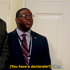 [ID: four gifs of Richard and Amy from the show veep. Amy asks Richard, “You have a doctorate?” Rich