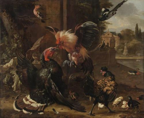 cma-european-art: A Rooster and Turkey Fighting, Melchior de Hondecoeter, c. 1680, Cleveland Museum 