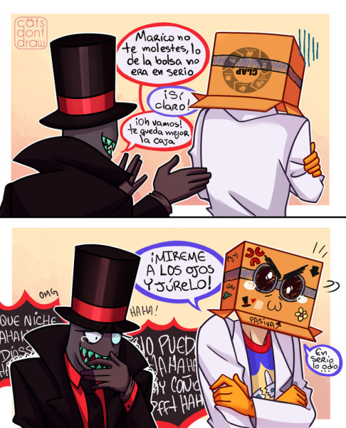 cats-dont-draw:    Black Hat why did you have to upset your BF   Pfft just a dumb idea after the new short, since Flug’s bag is aparenty pathetic, simple and disgusting acording to BH, he starts wearing anything from a box to a blanket. ———————————-