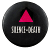 a black pin with a pink triangle, and white text that reads 'SILENCE = DEATH'