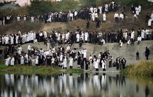 Orthodox Jewish pilgrims pray near the tomb of Nachman of Breslov while celebrating Rosh Hashanah in