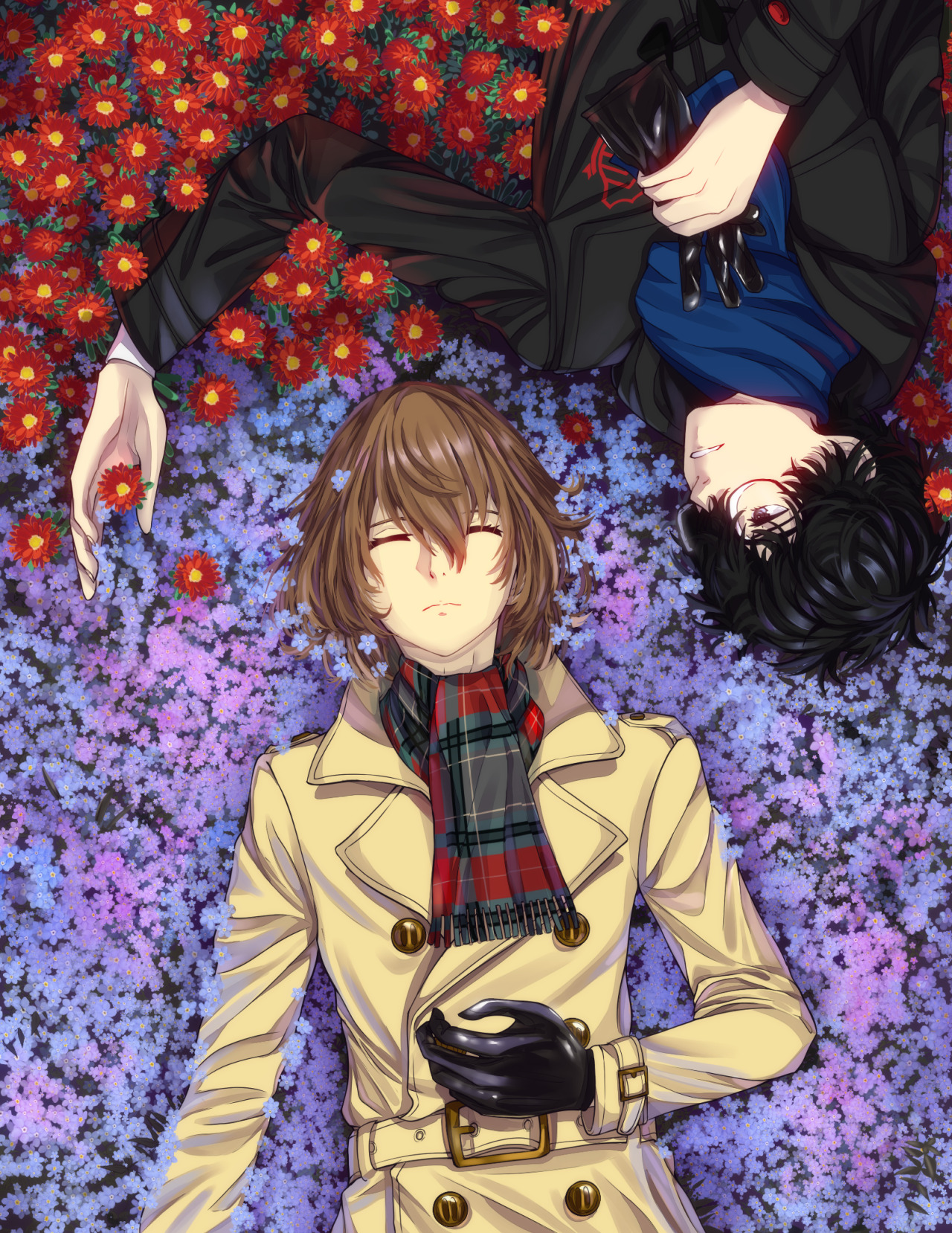 In honor of the Persona 5 Royal anniversary, I redrew that scene from the opening but with their flowers! #persona 5 #persona 5 royal #shuake#akeshu#goro akechi #persona 5 protagonist #akira kurusu#ren amamiya #truthfully i never quite managed to draw something for an anniversary #so #i draw pretty flowers and nice leather gloves! and a sleeping boy! SLEEPING #my art