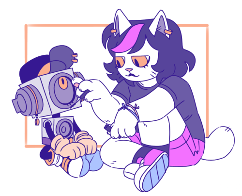 catti is applying mascara to sweet, also of note they hat piercings in the brim of their hat and and a dangly ring "earring"(dust plug charm)