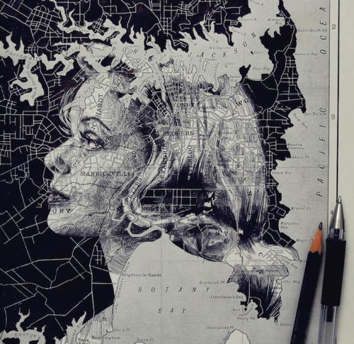 culturenlifestyle:  Ink and Pencil Drawings Conceal Human Faces In Maps UK artist Ed Fairburn uses maps as his canvas to create beautiful and intriguing ink and pencil drawings. The maps’ details, roads and geographical markings give each subject texture,