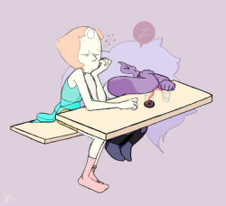 augustofdust: “Am’thst… I think we had… too much of this stuff.” “Snrt…” Pearl continues a one-sided conversation with Amethyst until Steven tells her gently that Amethyst is asleep.   “Ooh my goondnss…” Pearl tries to carry Amethyst